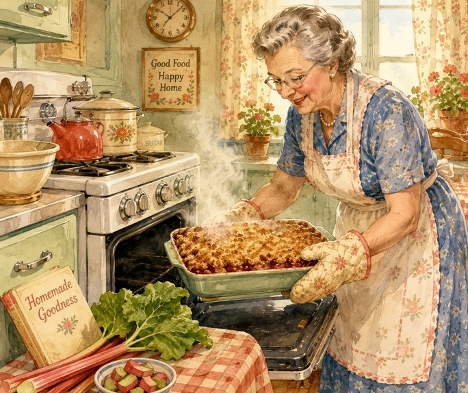 rhubarb crisp coming out of the oven for a family gatherin