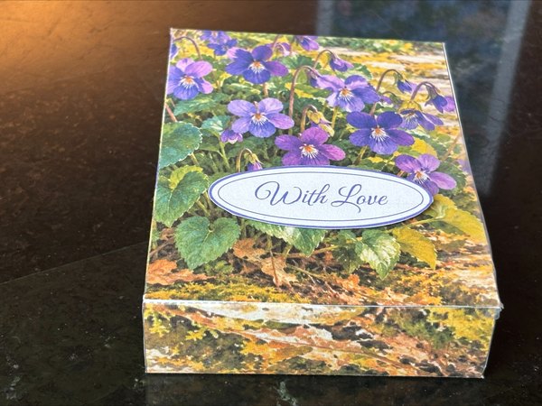 Free printable thank you card with forget-me-nots by a stream and a raised Thank You greeting attached with foam tape