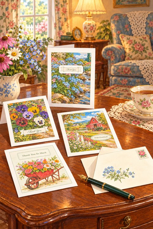 Free printable thank you cards with forget-me-nots, pansies, a red barn, and a flower wheelbarrow on a polished wooden table with an envelope, a fountain pen, a cup of tea, and a pitcher of garden flowers