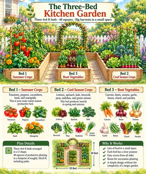 Three-bed kitchen garden plan with one bed for summer crops, one for cool-season crops, and one for root vegetables, in a U-shape about 10 by 10 feet