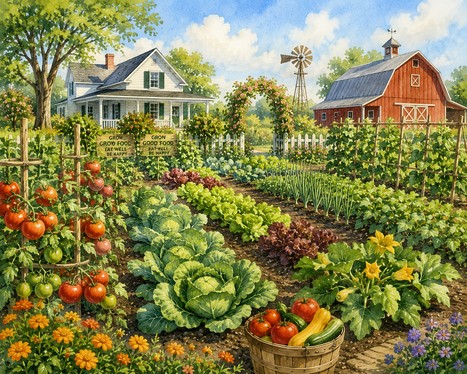 tradional in-ground vegetable garden on a farm