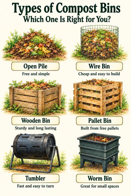 Types of compost bins: open pile, wire bin, wooden bin, pallet bin, tumbler, and worm bin, with what each one is best for