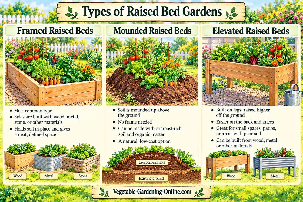 Types of raised bed gardens: framed beds of wood, metal, or stone; mounded beds of compost-rich soil with no frame; and elevated beds on legs