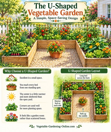 U-shaped vegetable garden layout: a long bed across the back, a shorter bed on each side, and a gravel path up the middle