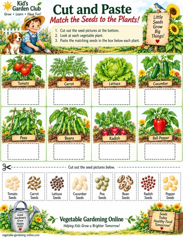 Cut and paste matching activity pairing tomato, carrot, lettuce, cucumber, peas, beans, radish, and bell pepper plants with their matching seeds