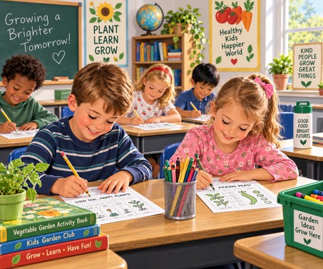 Children using vegetable garden activity book pages in the classroom"