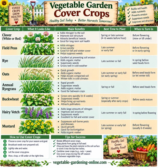Vegetable garden cover crops chart comparing clover, field peas, rye, oats, annual ryegrass, buckwheat, hairy vetch, and mustard, with benefits, best planting time, and when to turn each one into the soil