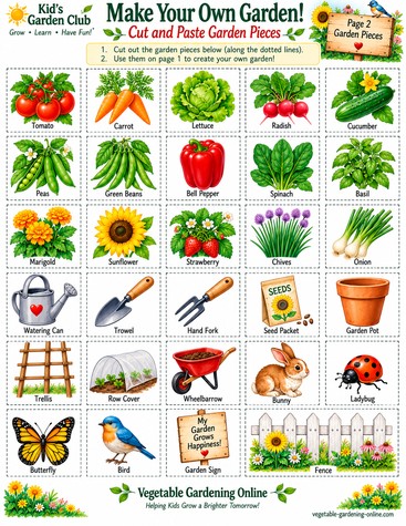Cut-out sheet of garden pieces including tomato, carrot, lettuce, radish, cucumber, peas, green beans, bell pepper, spinach, basil, marigold, sunflower, strawberry, chives, onion, watering can, trowel, hand fork, seed packet, garden pot, trellis, row cover, wheelbarrow, bunny, ladybug, butterfly, bird, garden sign, and fence