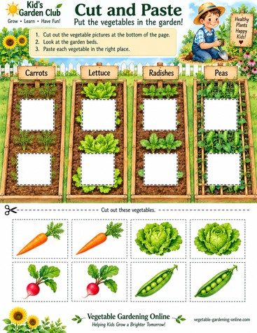 Cut and paste activity matching carrots, lettuce, radishes, and peas to their labeled garden rows