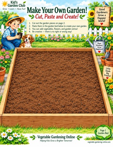 Empty raised garden bed scene with a boy and puppy nearby, ready for kids to fill in with cut-out garden pieces