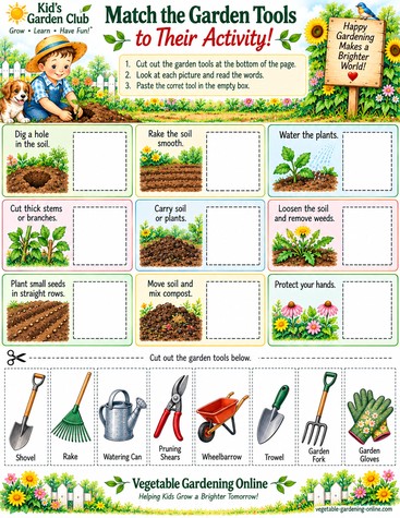 Cut and paste matching activity pairing garden tools including shovel, rake, watering can, pruning shears, wheelbarrow, trowel, garden fork, and garden gloves with their correct gardening tasks