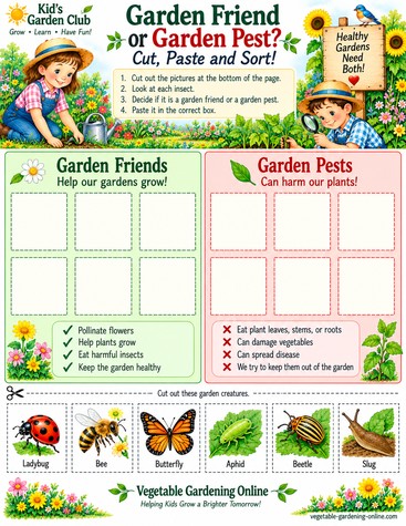 Cut and paste sorting activity classifying ladybug, bee, butterfly, aphid, beetle, and slug as garden friends or garden pests