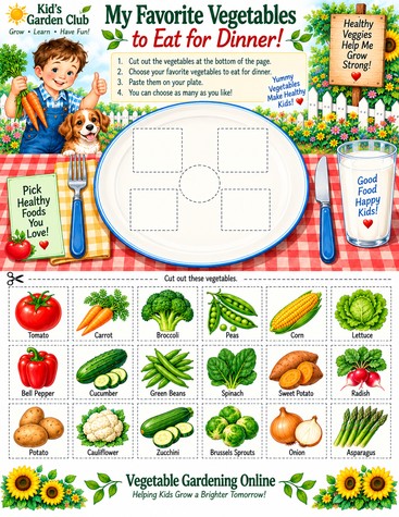 Cut and paste activity where kids choose favorite vegetables from tomato, carrot, broccoli, peas, corn, lettuce, bell pepper, cucumber, green beans, spinach, sweet potato, radish, potato, cauliflower, zucchini, Brussels sprouts, onion, and asparagus, and paste them onto an empty plate