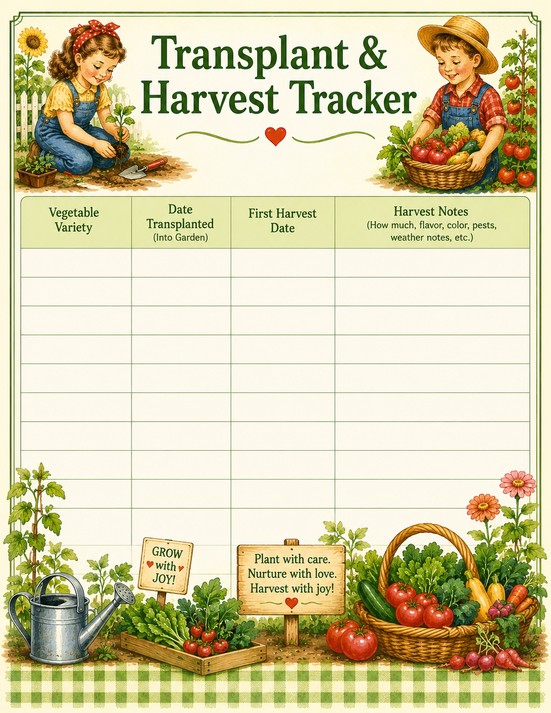 Transplant & Harvest Tracker page from the free printable Vegetable Garden Journal — table for recording transplant dates, first harvest dates, and harvest notes for each vegetable variety