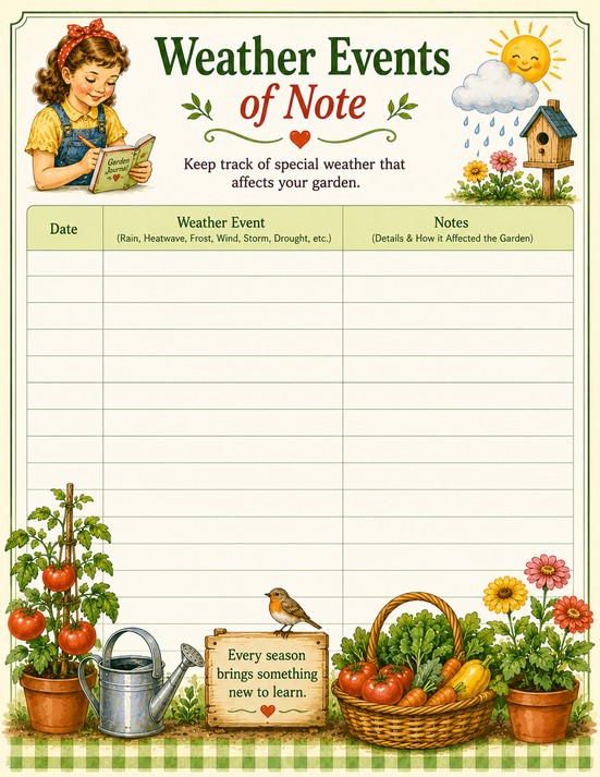 Weather Events of Note page from the free printable Vegetable Garden Journal — table for logging rain, frost, heat waves, and other weather affecting the garden