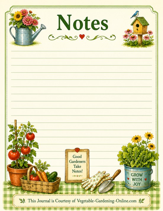 Blank Notes page from the free printable Vegetable Garden Journal — lined page for garden journal entries, illustrated with a birdhouse, potted tomato plant, and vegetable basket