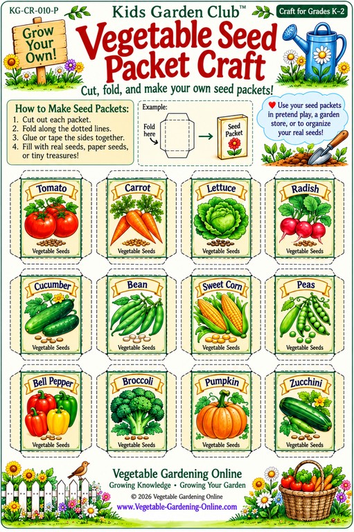 Kids Garden Club vegetable seed packet craft for grades K-2: 12 printable seed packets to cut, fold, and fill with real seeds, paper seeds, or tiny treasures