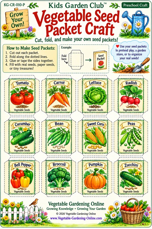 Kids Garden Club vegetable seed packet craft: 12 printable seed packets to cut, fold, and fill with real seeds, paper seeds, or tiny treasures