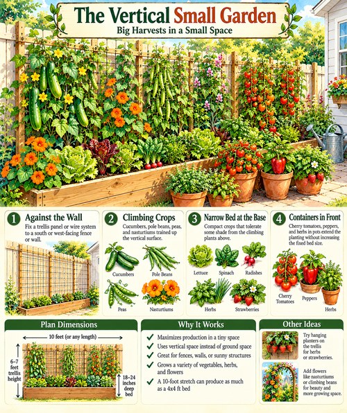 Vertical small vegetable garden with cucumbers, pole beans, peas, and nasturtiums on a fence trellis, a narrow bed of greens below, and pots of tomatoes in front