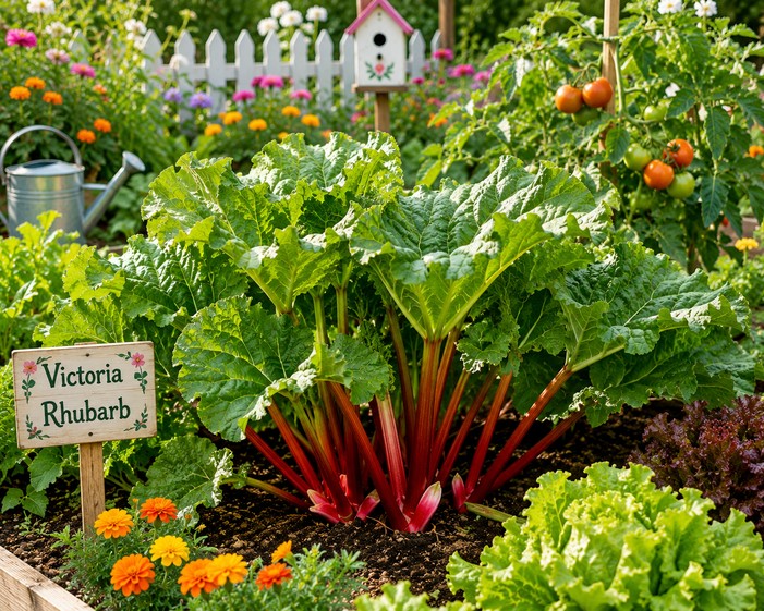 victoria rhubarb plants growing in the vegetable garden