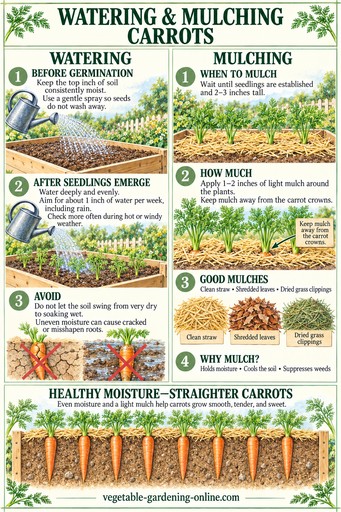Chart illustrating how to water and mulch carrots in the garden