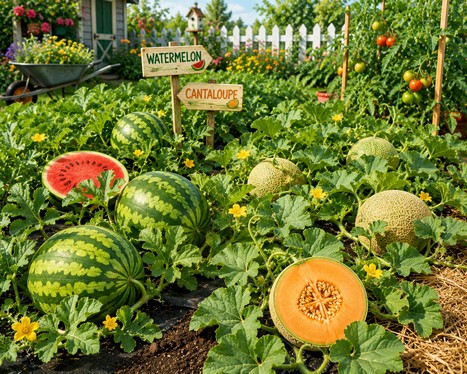 garden scene with watermelon and cantaloupe growing