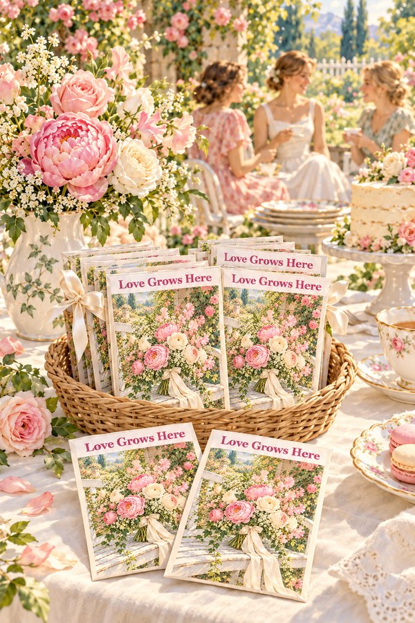 Love Grows Here wedding favor seed packets with a pink peony bouquet design in a basket at a garden bridal shower