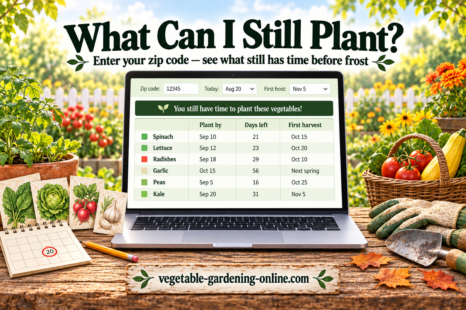 Laptop on a garden table showing the what can I still plant tool with a list of vegetables and planting deadlines, beside a calendar and seed packets.
