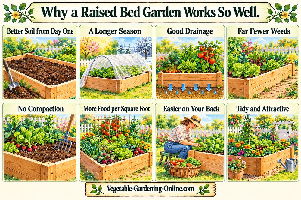Why a raised bed garden works so well: better soil from day one, a longer season, good drainage, fewer weeds, no compaction, more food per square foot, easier on your back, and tidy and attractive