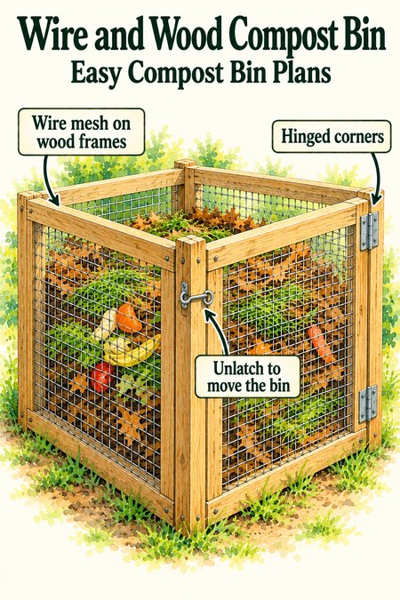 Wire and wood compost bin made of four wooden frames covered with wire mesh, with hinged corners and a hook-and-eye latch so the bin can be moved