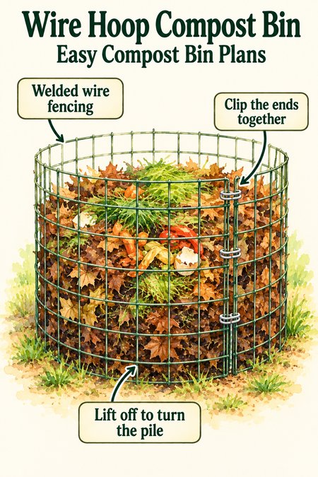 Wire hoop compost bin made from welded wire fencing bent into a circle and clipped together, filled with leaves, grass clippings, and kitchen scraps