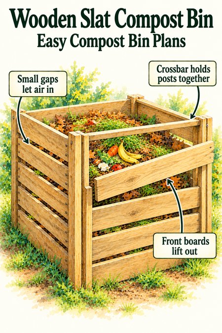 Wooden slat compost bin with small gaps between the boards for air and front boards that lift out of slots between the corner posts
