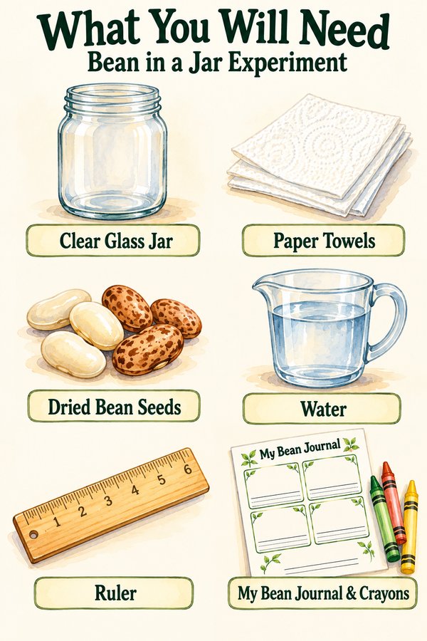 What you will need for the bean in a jar experiment: a clear glass jar, paper towels, dried bean seeds, water, a ruler, and a bean journal with crayons