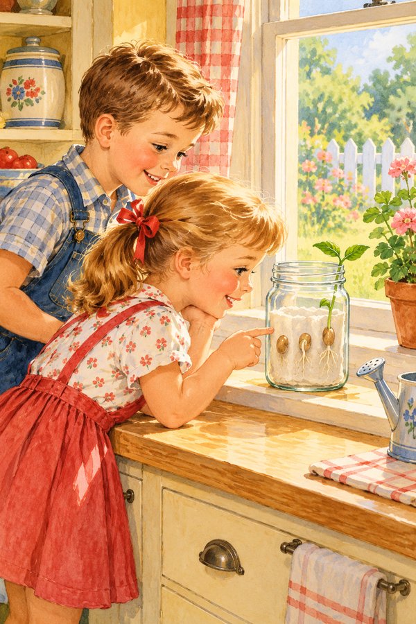 Two children watching bean seeds sprout roots in a glass jar on a kitchen windowsill