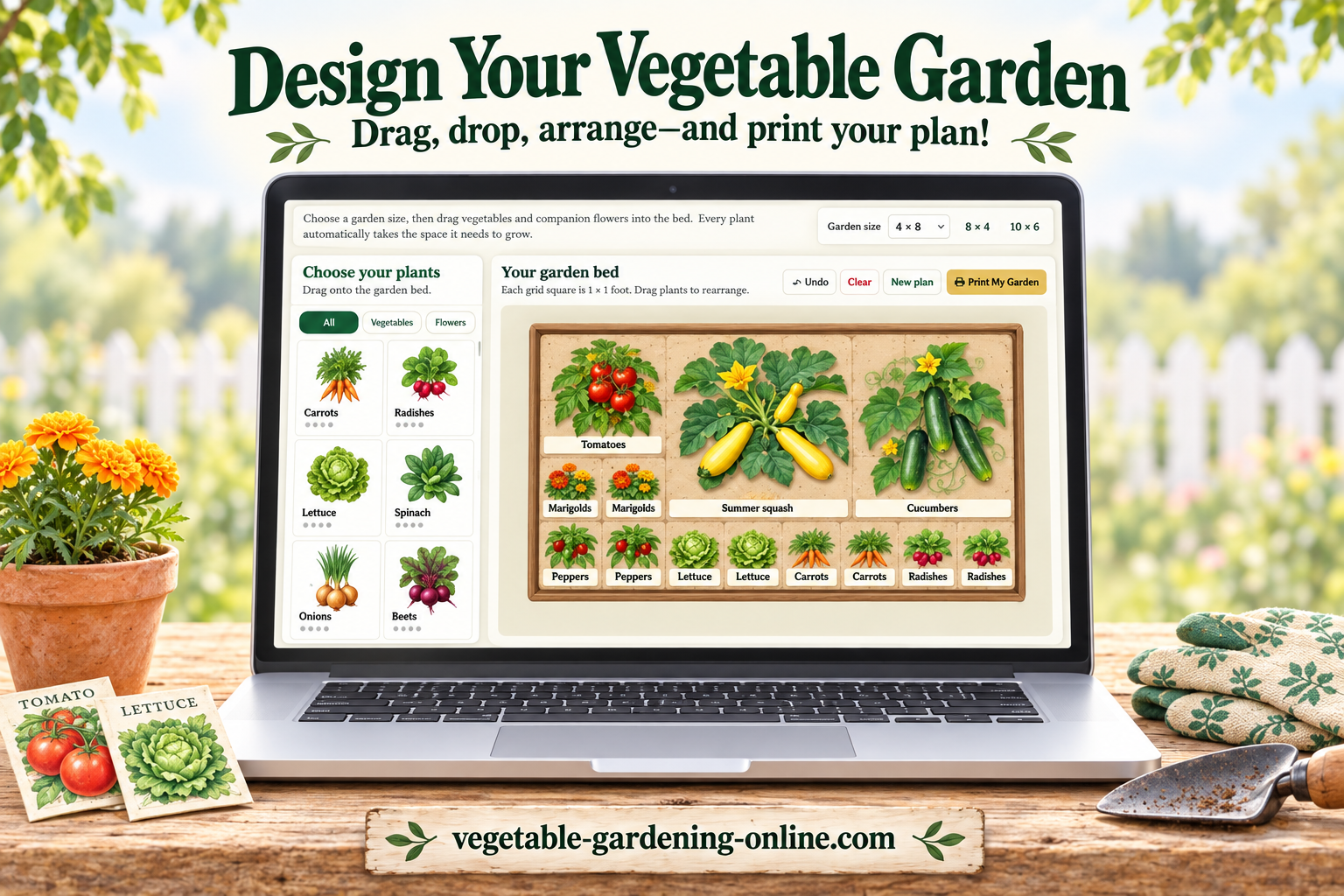 Interactive vegetable garden planner: drag and drop vegetables into a garden bed