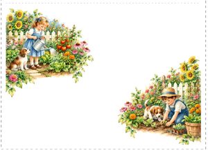 Free printable folded gift card with children watering and planting a vegetable garden
