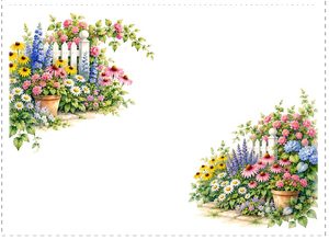Free printable folded gift card with cottage garden flowers by a white picket fence