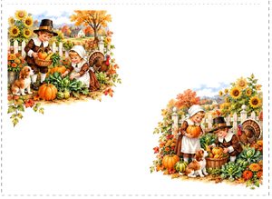 Free printable Thanksgiving folded gift card with pilgrim children, pumpkins, and a turkey