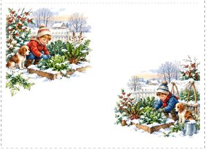 Free printable winter folded gift card with a child picking greens in a snowy garden