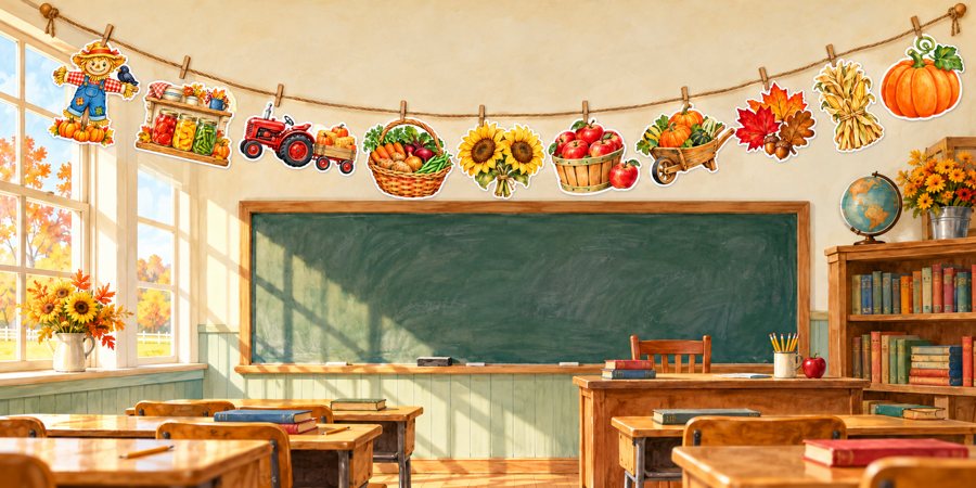 Free printable fall garland hanging in a classroom