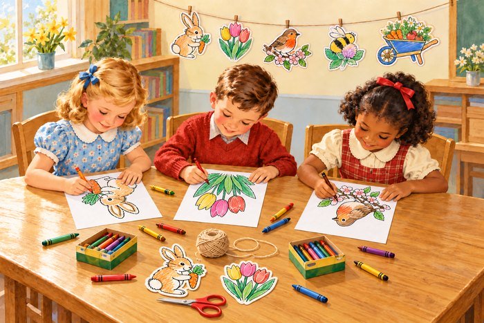 Children coloring a free printable spring garland