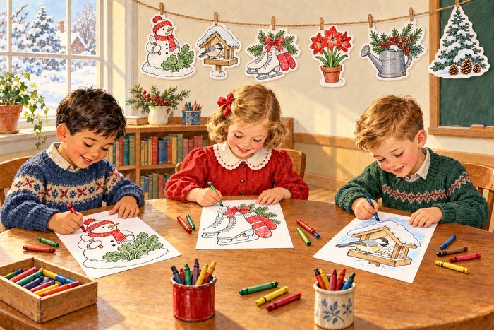 Children coloring a free printable winter garland