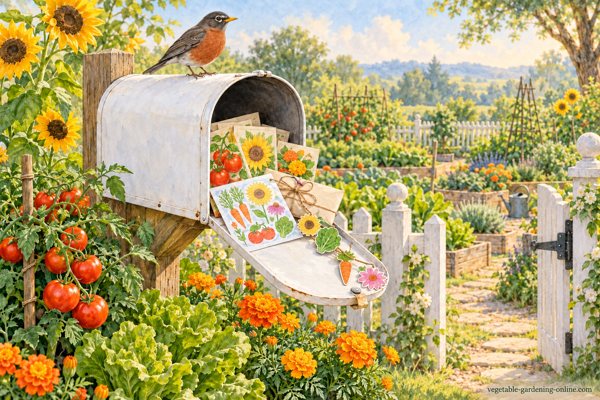 A white garden mailbox with an American robin on top, spilling seed packets, a garden printable, and a paper garland
