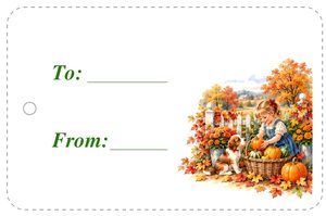 Free printable gift tag with children, pumpkins, and fall leaves