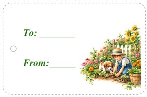 Free printable gift tag with children watering and planting a vegetable garden