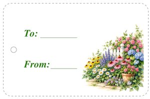 Free printable gift tag with cottage garden flowers by a white picket fence