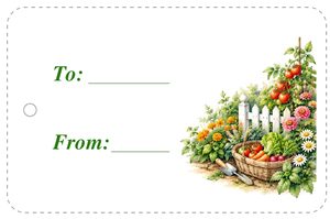 Free printable gift tag with a watering can, tomatoes, and lettuce