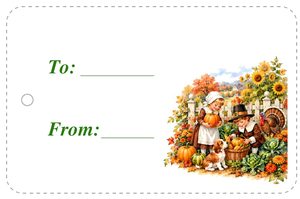 Free printable Thanksgiving gift tag with pilgrim children, pumpkins, and a turkey