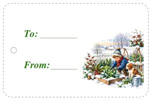 Free printable winter gift tag with a child picking greens in a snowy garden