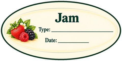 Printable oval jam jar label with berries and lines to write the type of jam and the date